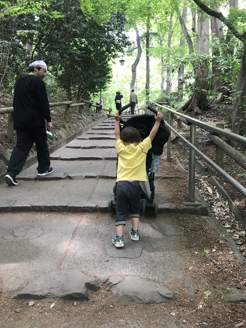 ベビーカーを押して階段を上がる2歳児